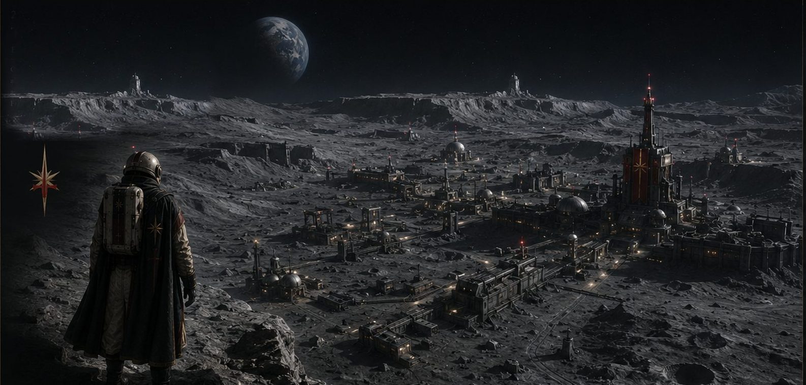Painting: the Engineer overlooks a derelict lunar colony, Earth rising beyond